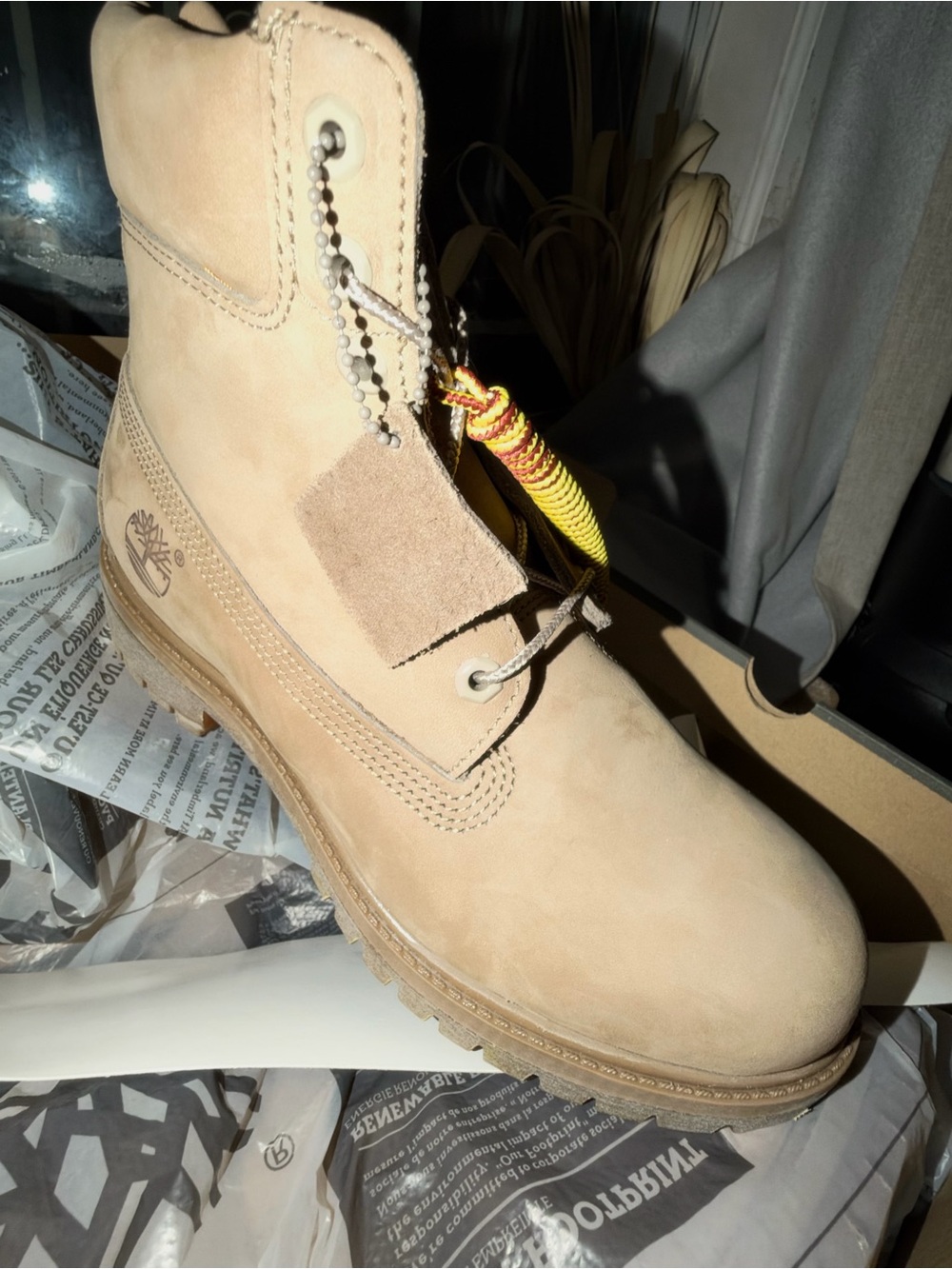 Timberland Men's Beige Nubuck Work Boot with Yellow Lace Accent